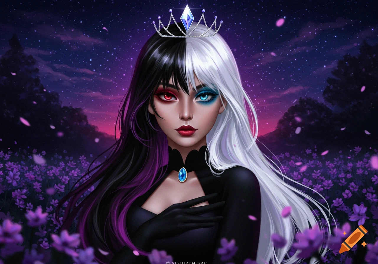 A fantasy portrait of a woman with black and white hair, a crown, and heterochromia, in a field of purple flowers under a starry night sky.
