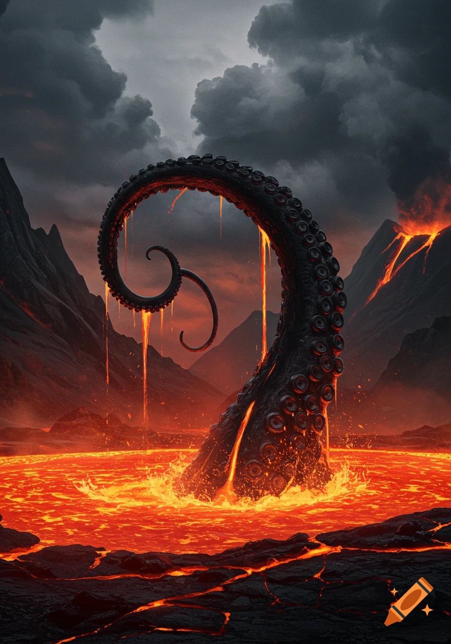 A large black tentacle rises from a molten lava lake under a dark, stormy sky, with erupting volcanoes and jagged mountains.