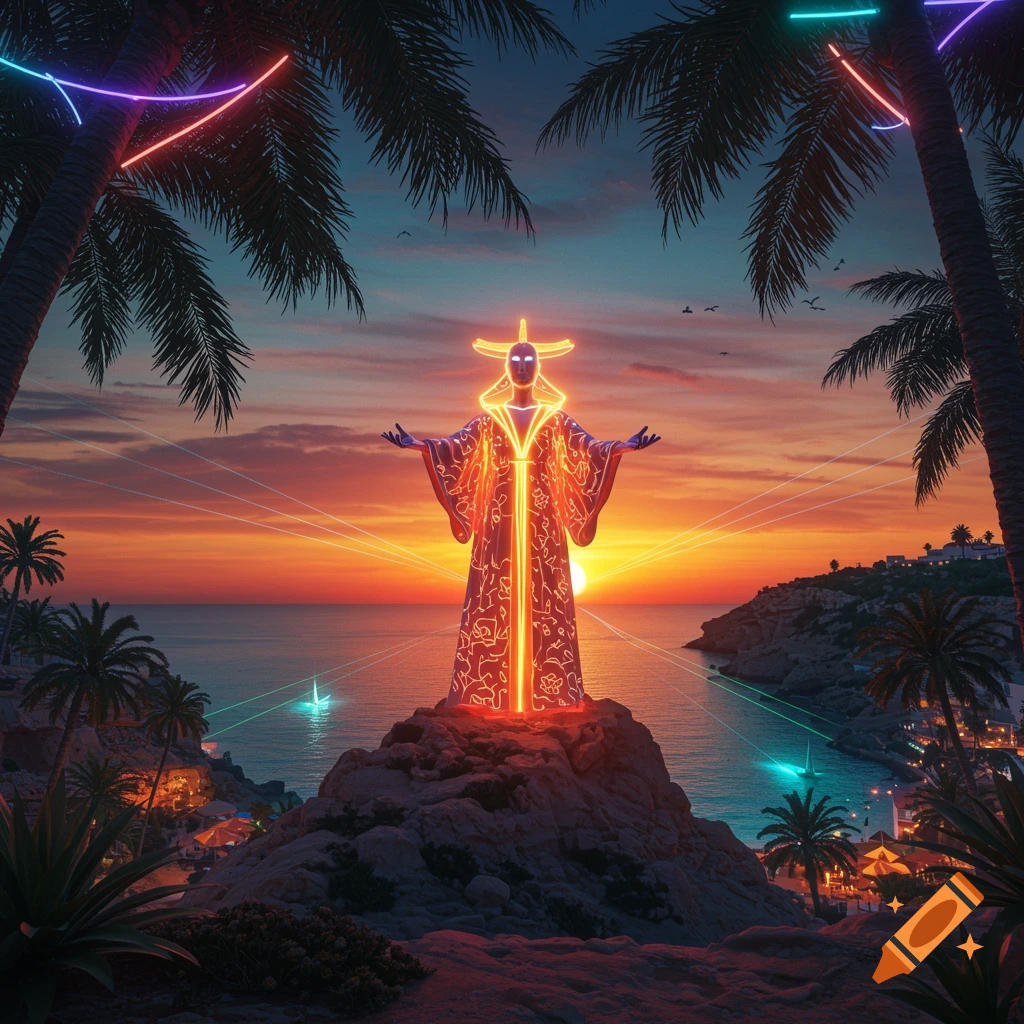 A glowing, neon-lit figure in a patterned robe stands on a cliff overlooking a beach at sunset, with neon light trails and palm trees.