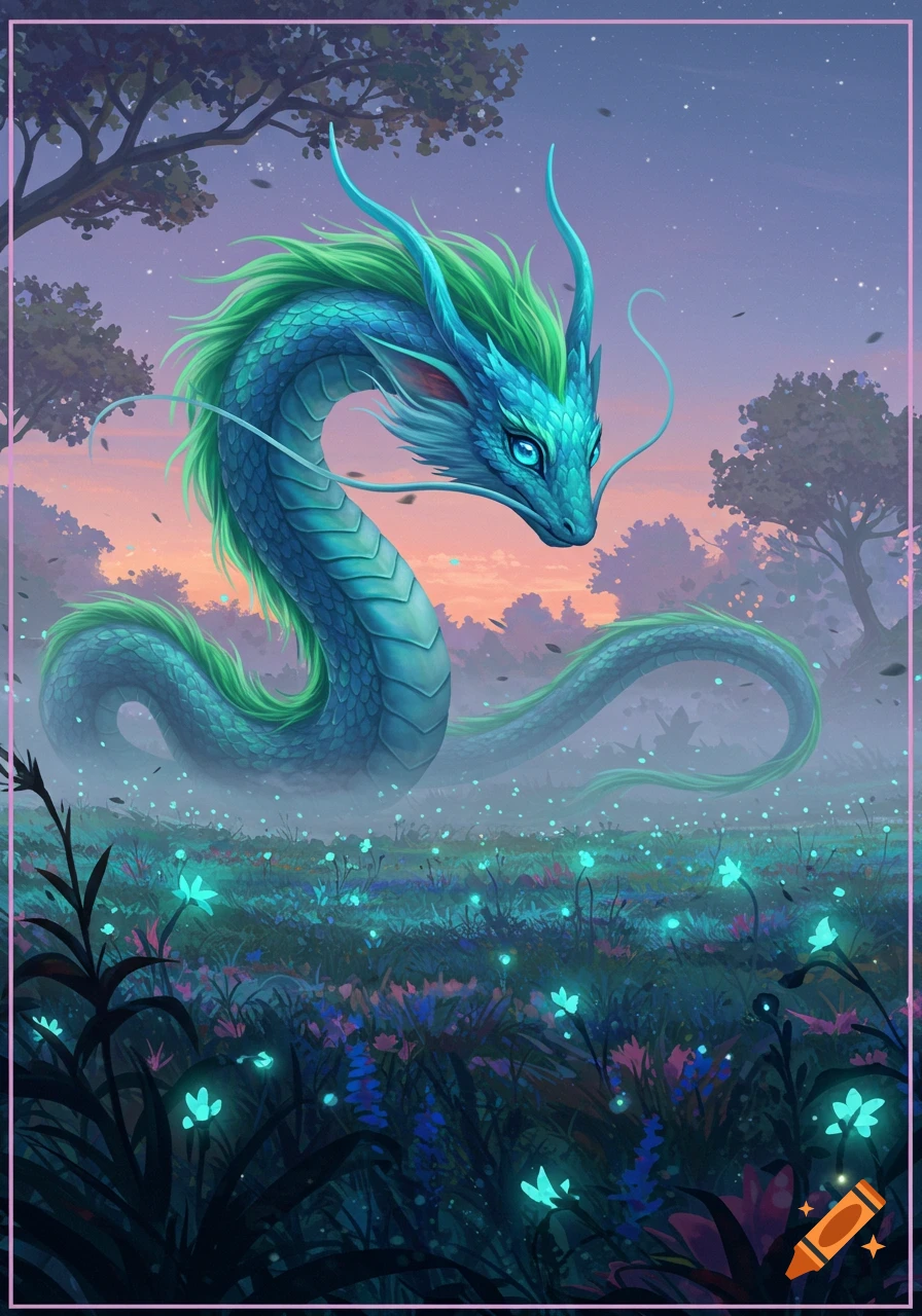 A magnificent blue and green dragon with glowing eyes in a mystical field of glowing blue flowers under a twilight sky.