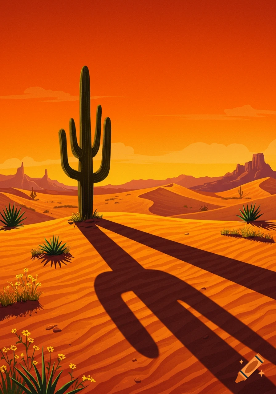 Vibrant painting of a desert landscape with a tall saguaro cactus casting a long shadow over orange sand dunes at sunset.