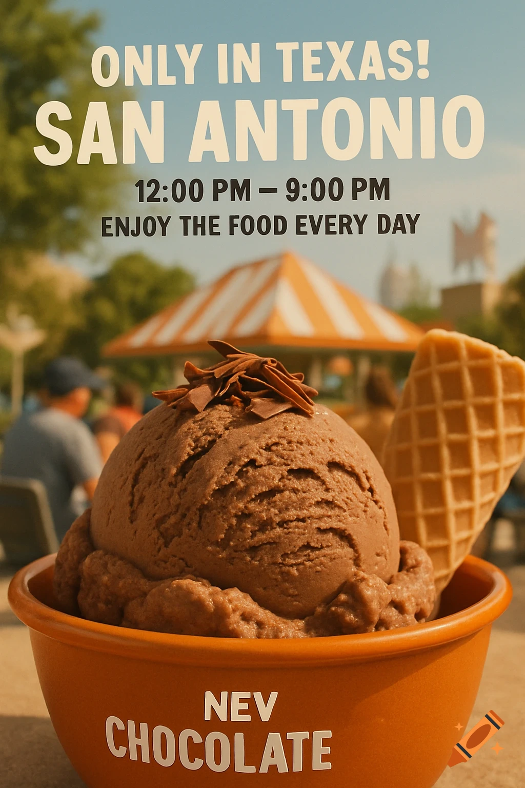 A close-up of a large scoop of chocolate ice cream topped with chocolate shavings, served in an orange bowl with a waffle cone. Text at the top reads "ONLY IN TEXAS! SAN ANTONIO 12:00 PM – 9:00 PM ENJOY THE FOOD EVERY DAY". The bowl has text that reads "NEV CHOCOLATE". People and an orange and white striped tent are blurred in the background.