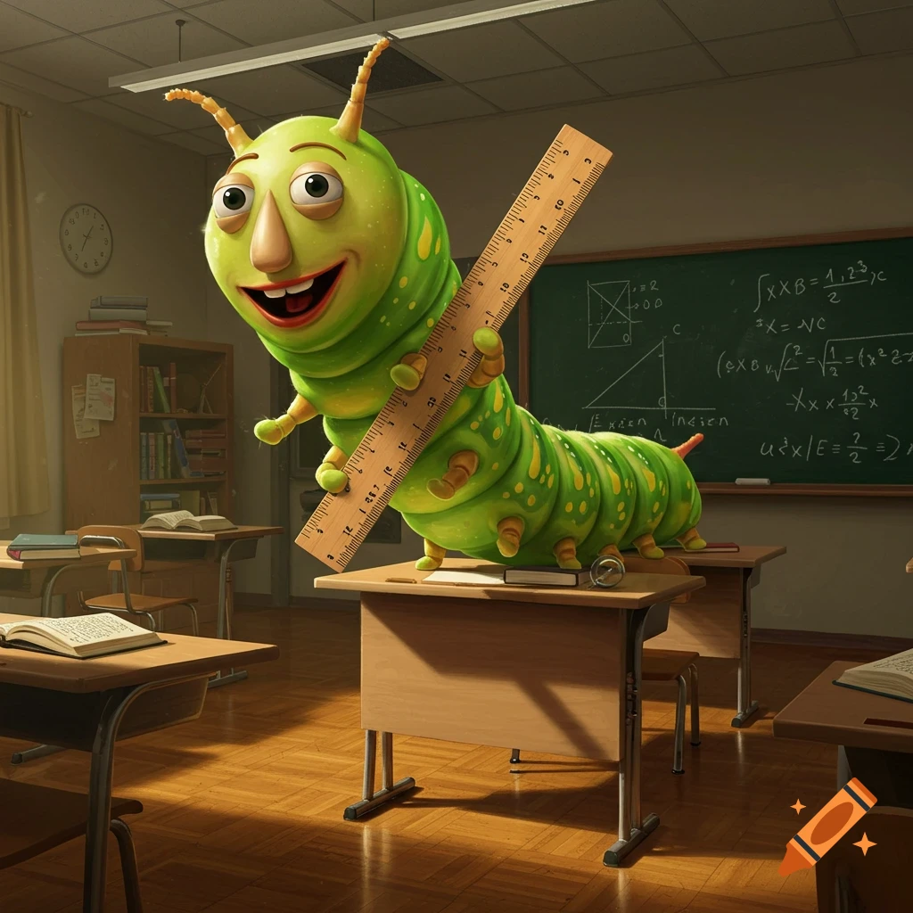 A green cartoon caterpillar with a human-like face stands on a desk in a classroom, holding a large wooden ruler.