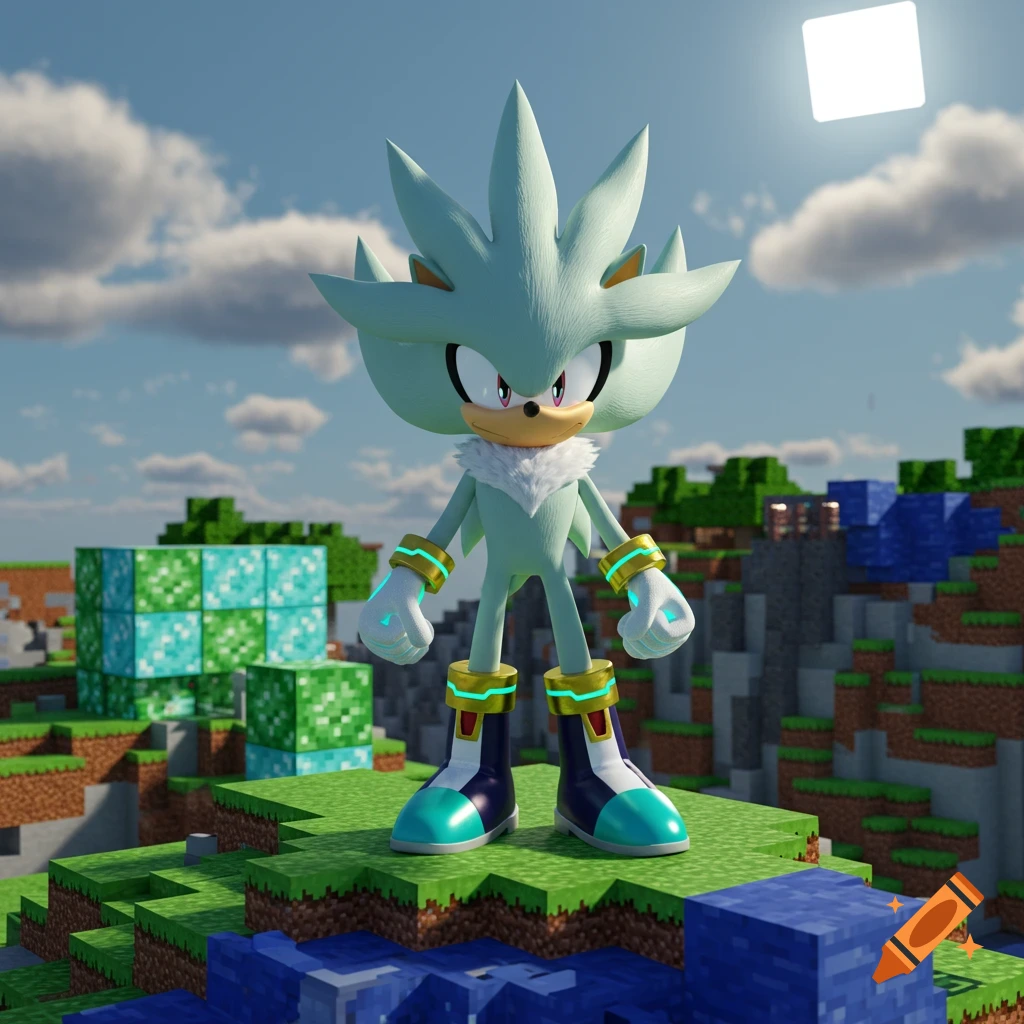 Silver the Hedgehog stands on a grassy block in a Minecraft world under a cloudy sky, with pixelated trees and structures in the background.