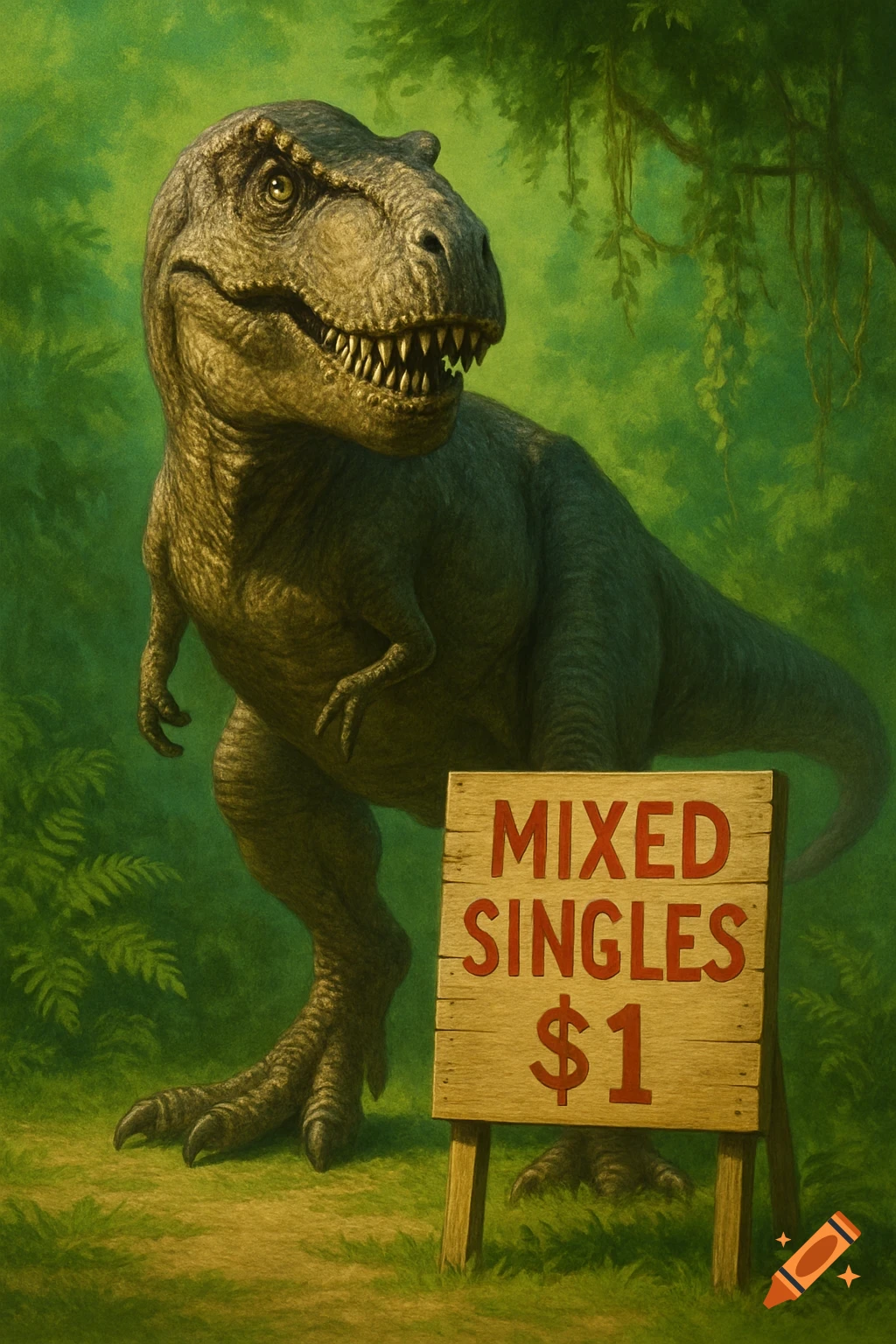 A realistic illustration of a T-Rex standing in a jungle next to a wooden sign that reads "MIXED SINGLES $1".