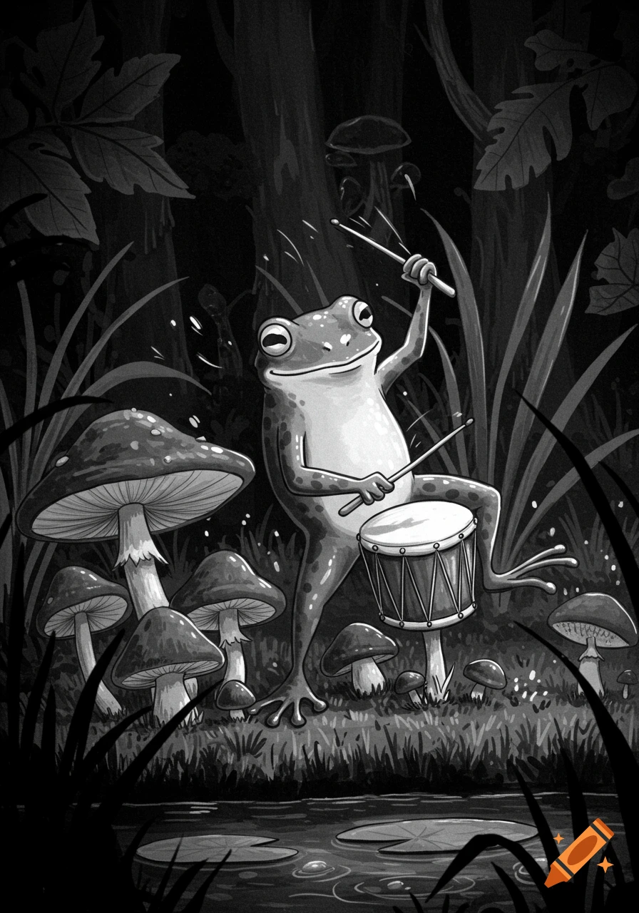 A smiling frog plays a drum while sitting on a mushroom in a whimsical black and white forest illustration.