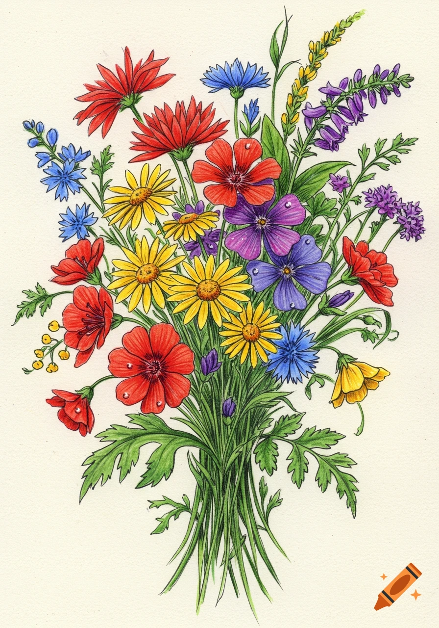 A vibrant drawing of a mixed bouquet of red, yellow, blue, and purple flowers with green foliage on a cream background.