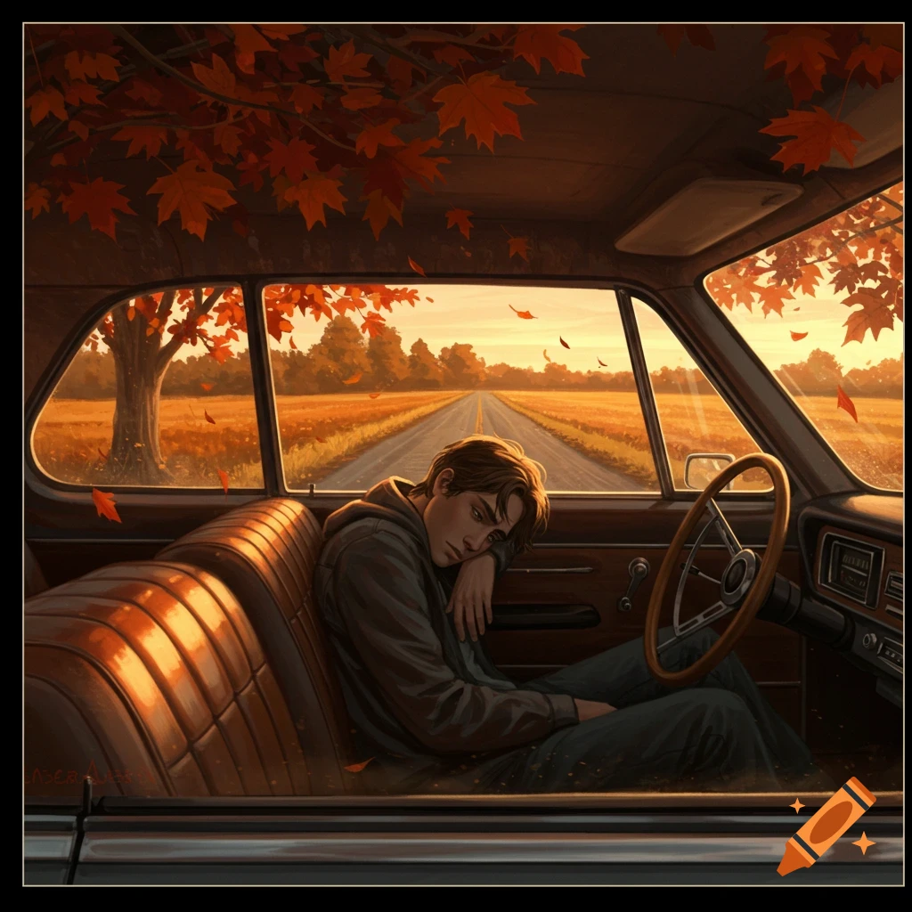 A young man sits dejectedly in a vintage car, looking out at a long road lined with autumn fields under a warm sunset, with fall leaves inside the car.