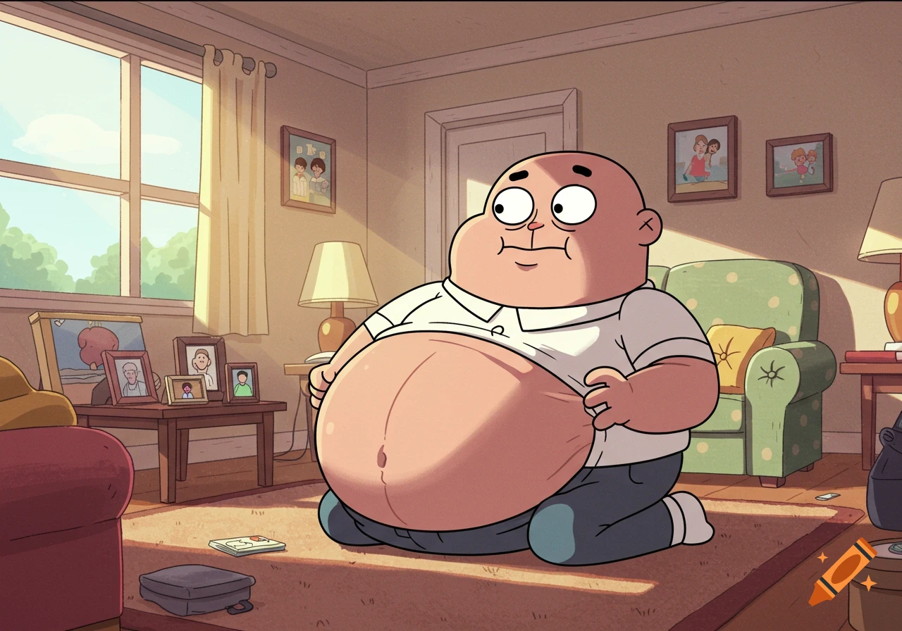 A cartoon character, Richard Watterson, kneels in a living room pulling on his large belly.