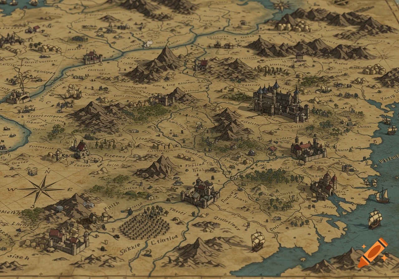 A detailed 3D perspective medieval fantasy map with mountains, rivers, castles, towns, and illegible text labels.