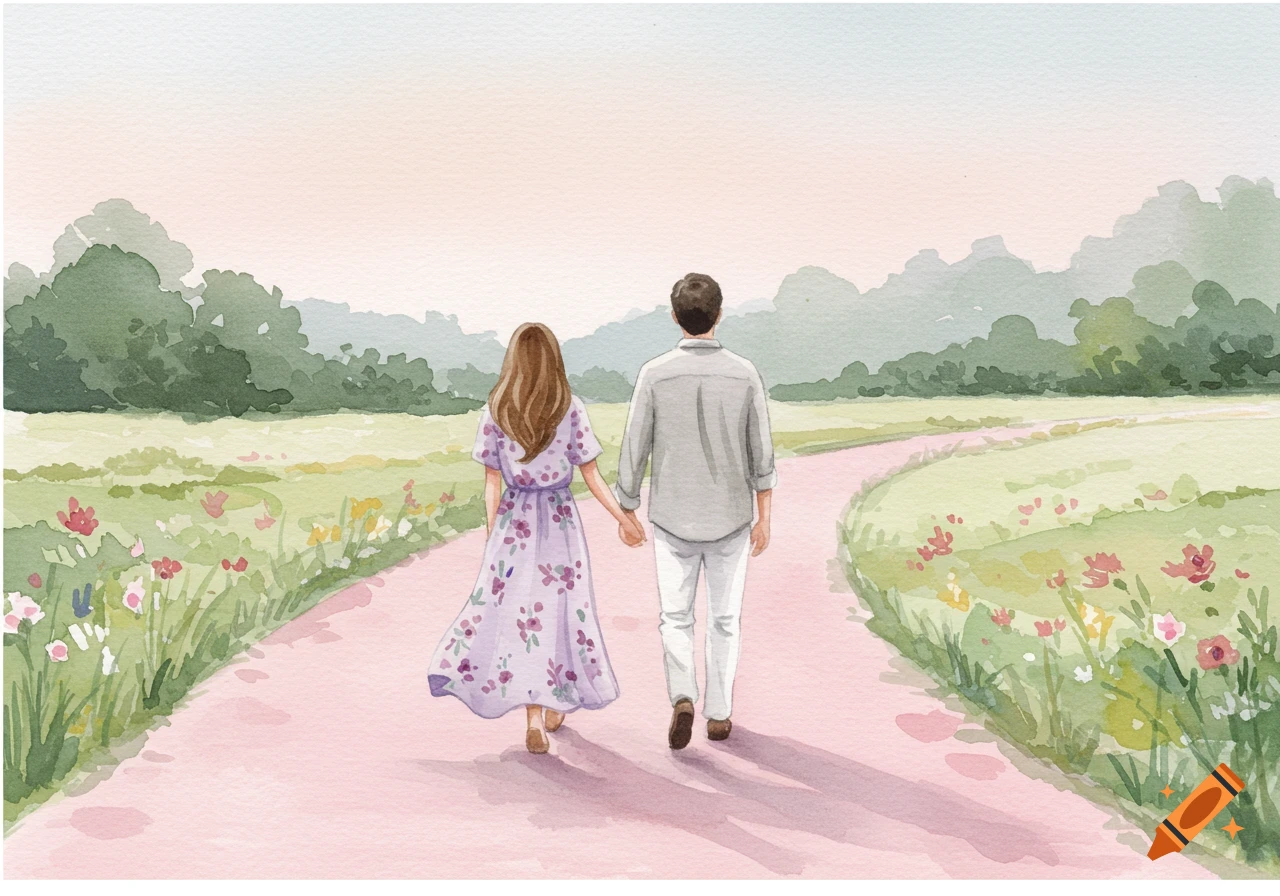 A watercolor painting shows a couple holding hands, walking away on a pink path through a green, flowery field towards distant trees.