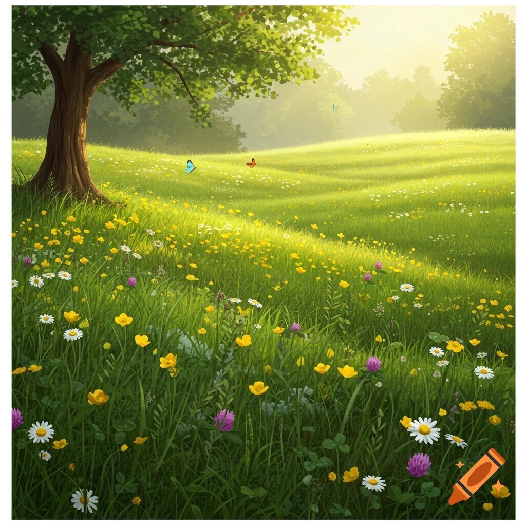 A vibrant green meadow filled with yellow, white, and purple wildflowers under a sunny sky, with a large tree on the left.