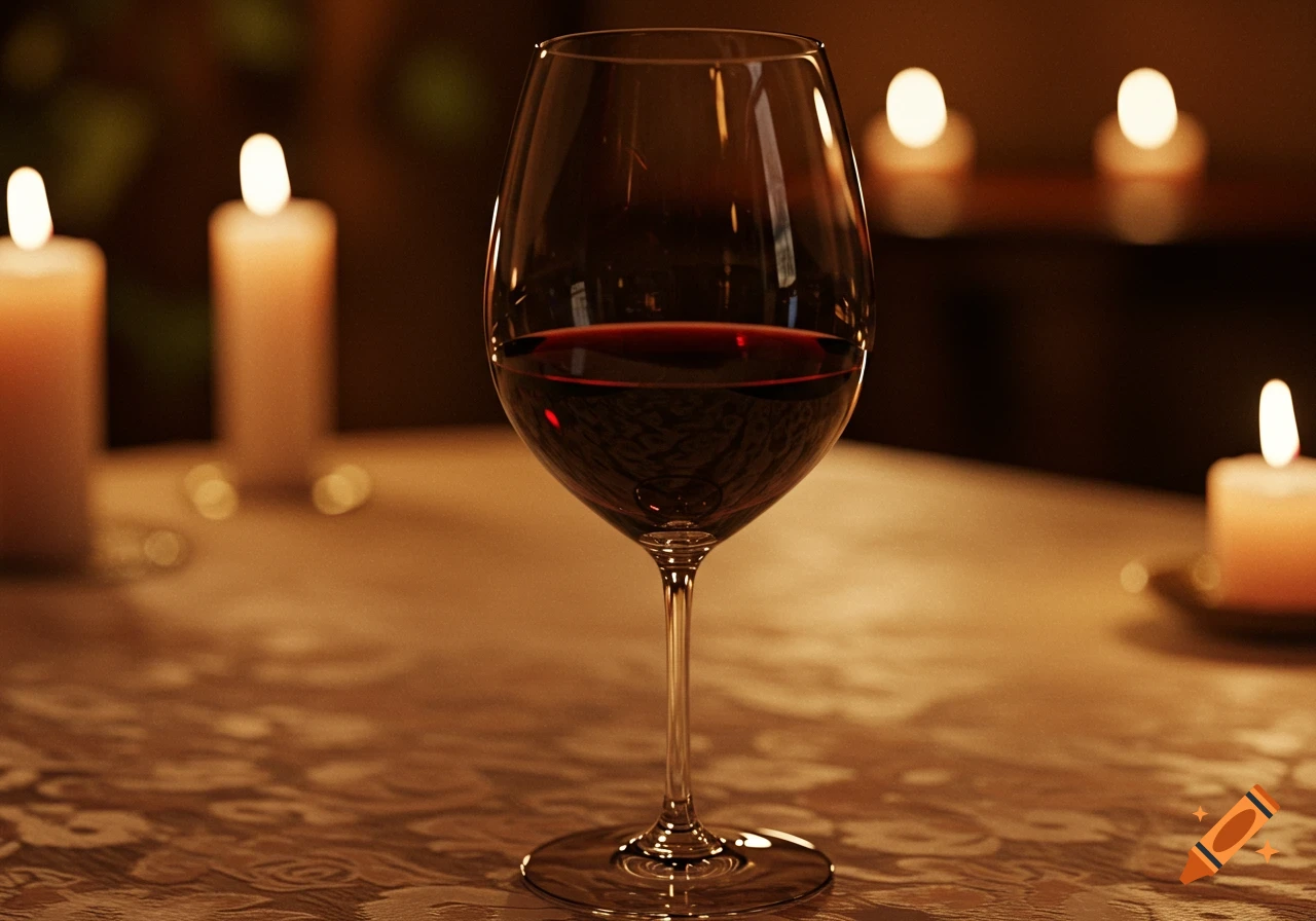 Photorealistic close-up of a glass of red wine on a patterned tablecloth, with blurred lit candles in the background.