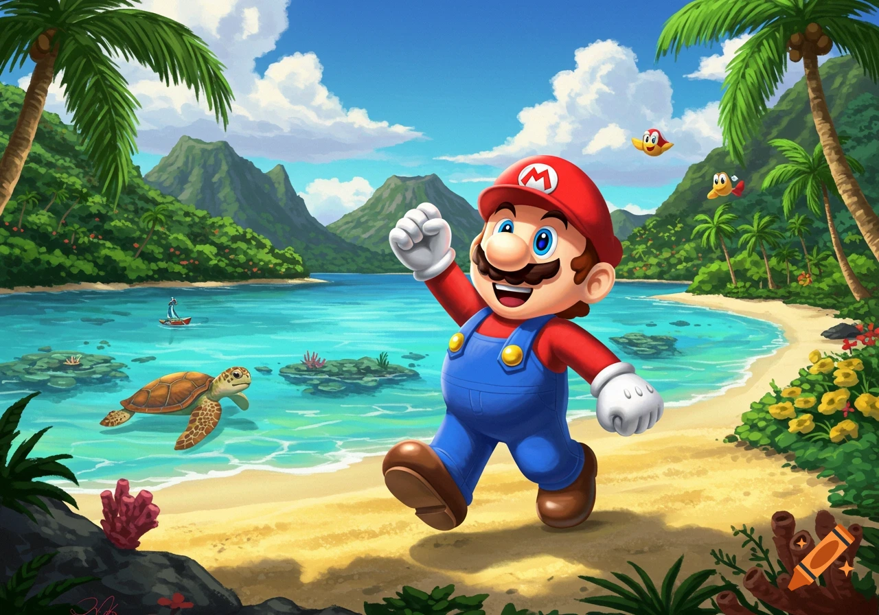 Mario cheerfully walks on a vibrant tropical beach with palm trees, mountains, a turtle in the clear blue water, and floating enemies.