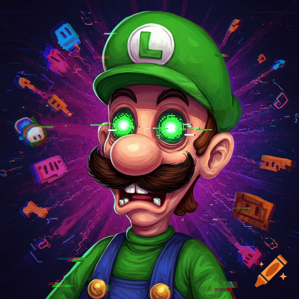 Stylized illustration of Luigi with glowing green, pixelated eyes and a distorted mouth, surrounded by glitching Mario game items.