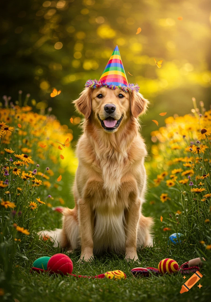 A happy Golden Retriever wearing a rainbow party hat sits in a sunny field of yellow flowers.