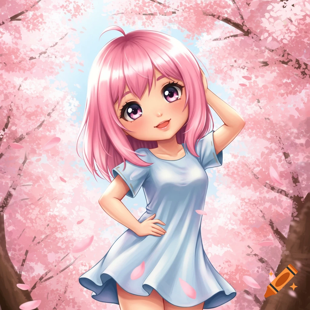 An anime girl with pink hair in a light blue dress stands smiling under pink cherry blossom trees with petals falling.