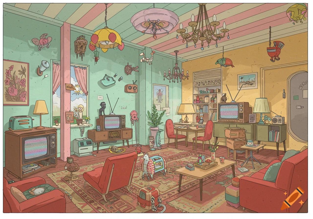 A cluttered retro living room with pastel walls, vintage furniture, static TVs, and whimsical objects hanging from the ceiling.