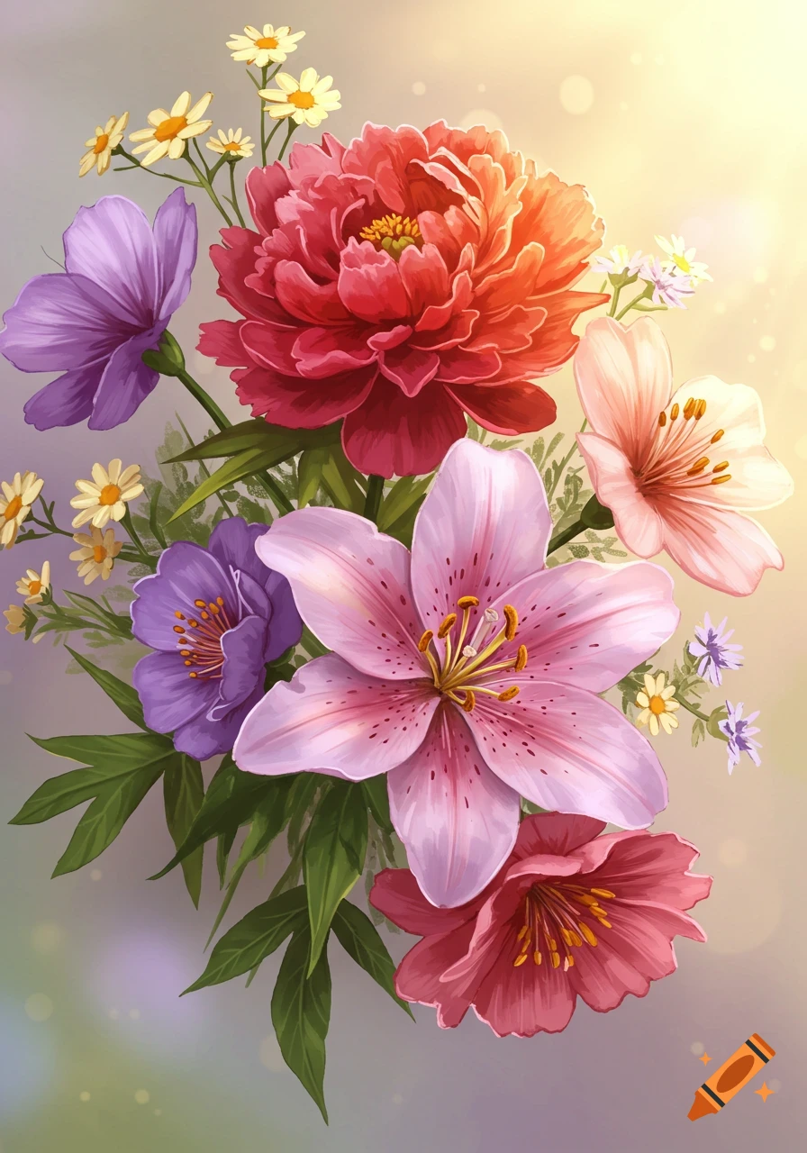 A vibrant illustration of a bouquet with red, pink, purple, and white flowers, including lilies, peonies, and daisies, against a bright, soft background.