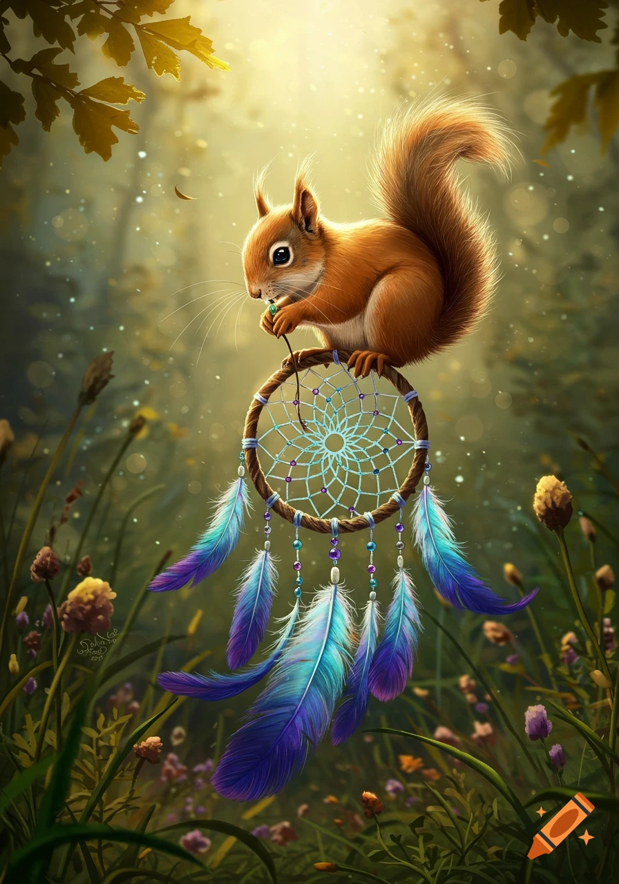 A whimsical illustration of a fluffy squirrel perched on a vibrant dream catcher with blue and purple feathers in a magical, glowing forest.