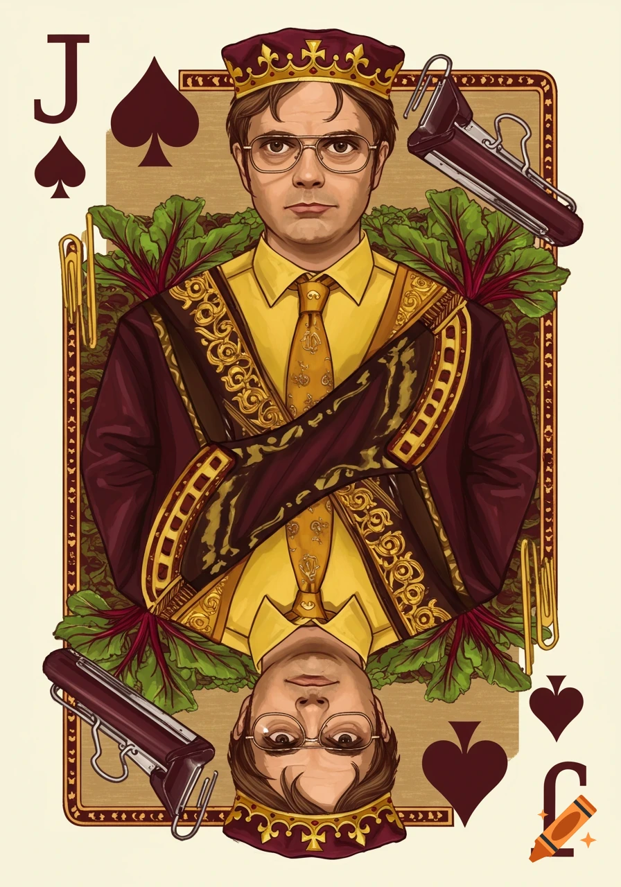 Illustration of Dwight from The Office as a Jack of Spades playing card, holding a stapler and surrounded by beets.