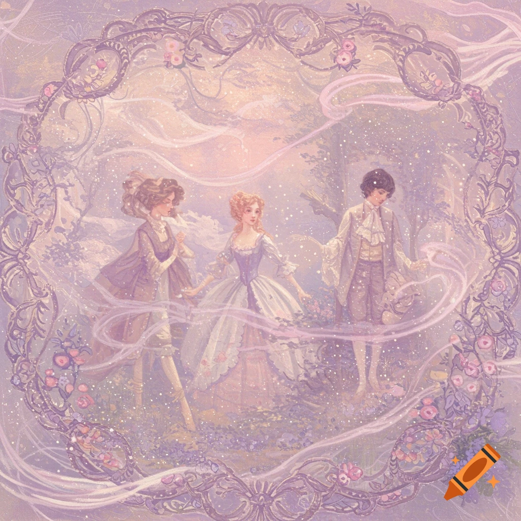 Three figures in period attire walk through a sparkling, lavender-toned forest with a floral frame, in a whimsical art style.