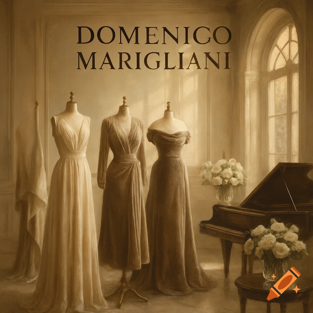 Three mannequins in elegant long dresses in a sepia-toned classical room with a grand piano and arched window. The name DOMENICO MARIGLIANI is displayed.