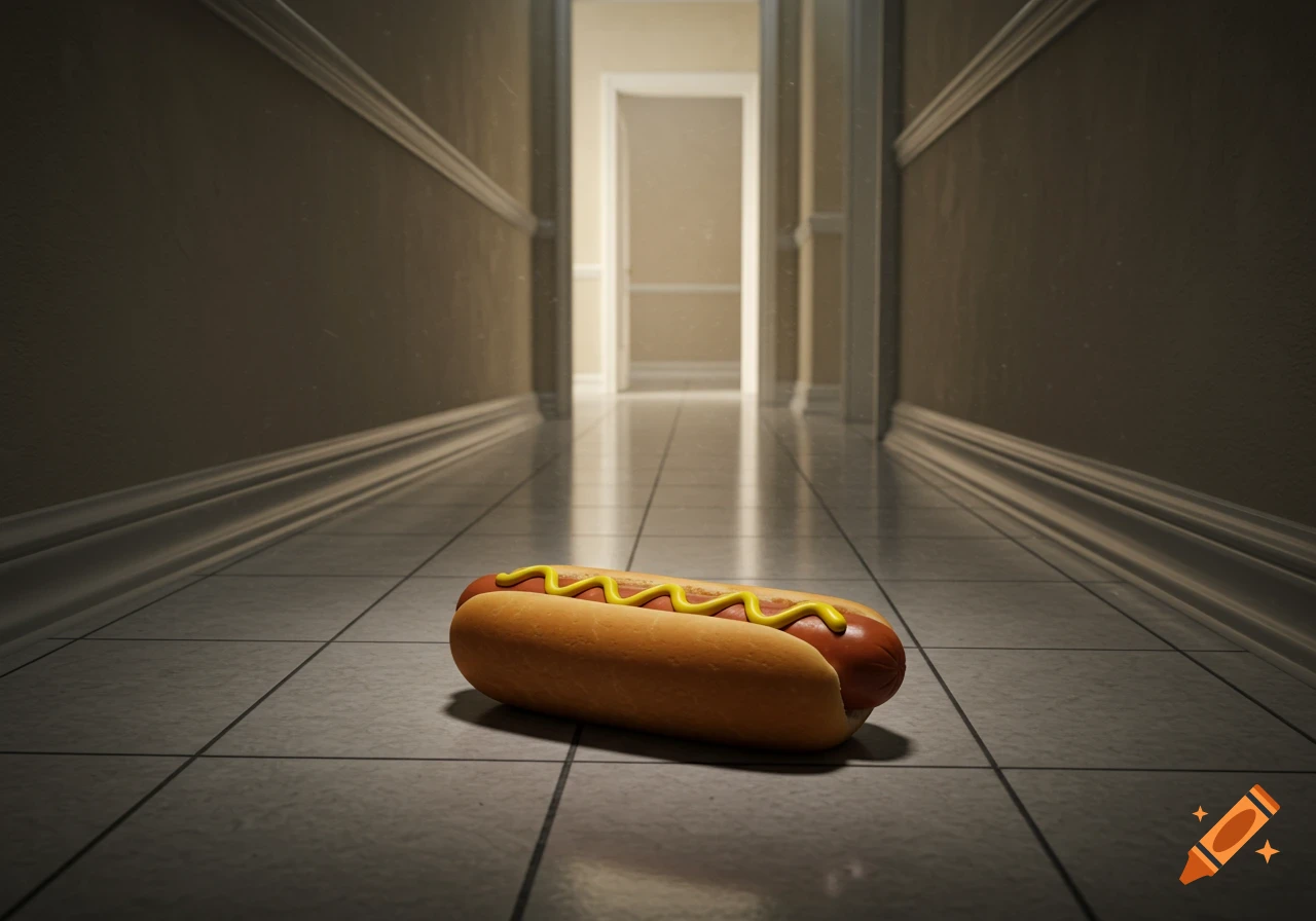 A hotdog with mustard lies on a tiled floor in a dimly lit hallway.