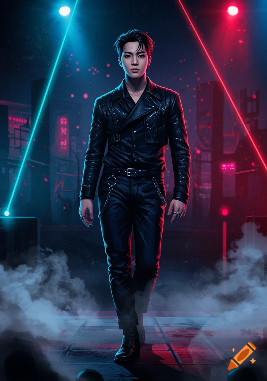 A male character in a black leather jacket and pants walks forward in a dark, smoky cyberpunk cityscape illuminated by neon blue and red lights.