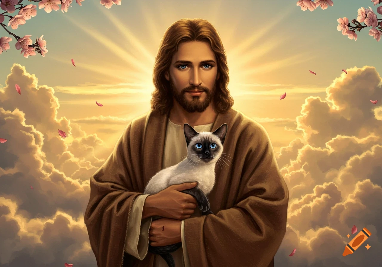 Jesus, with long brown hair and beard, gently holds a Siamese cat against a glowing sunset sky with fluffy clouds and pink cherry blossoms.