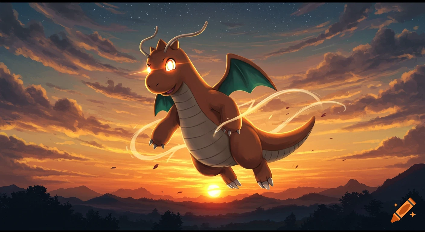 Dragonite, a large orange dragon-like Pokemon, with glowing orange eyes, flies against a vibrant sunset sky over mountains.