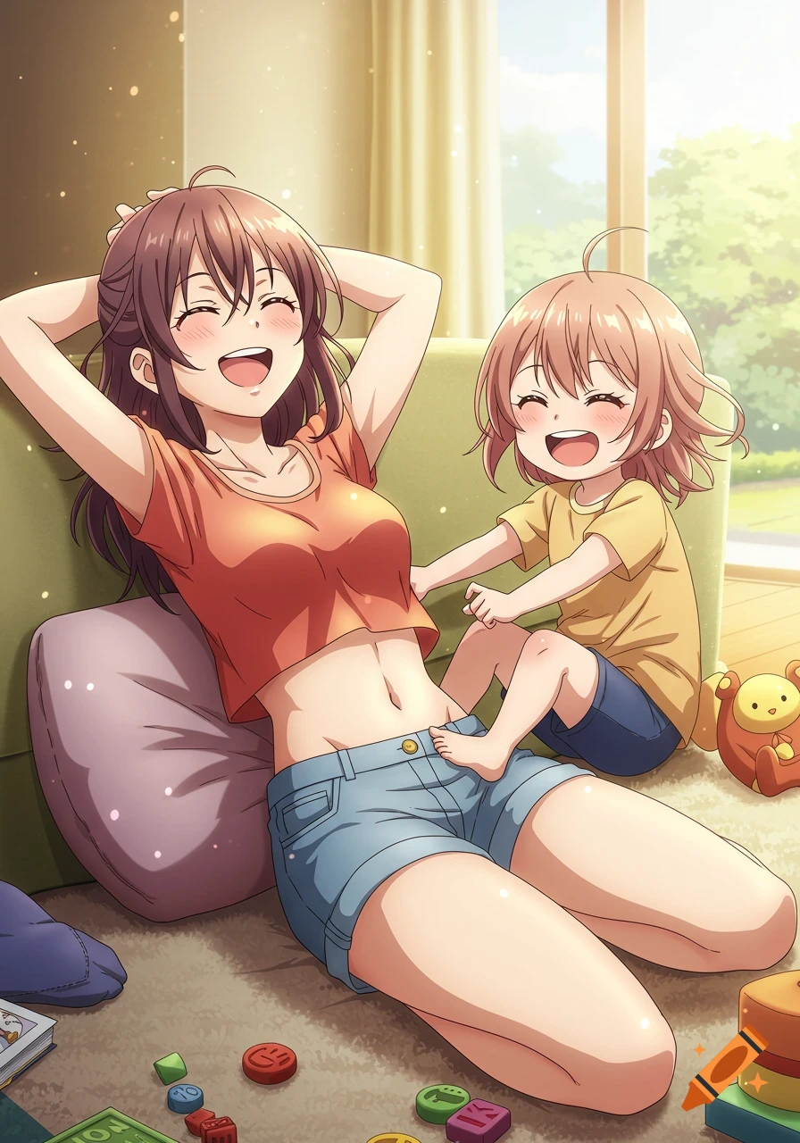 Anime style illustration of a laughing mother in a crop top and shorts being tickled on the tummy by her smiling child on a living room floor.