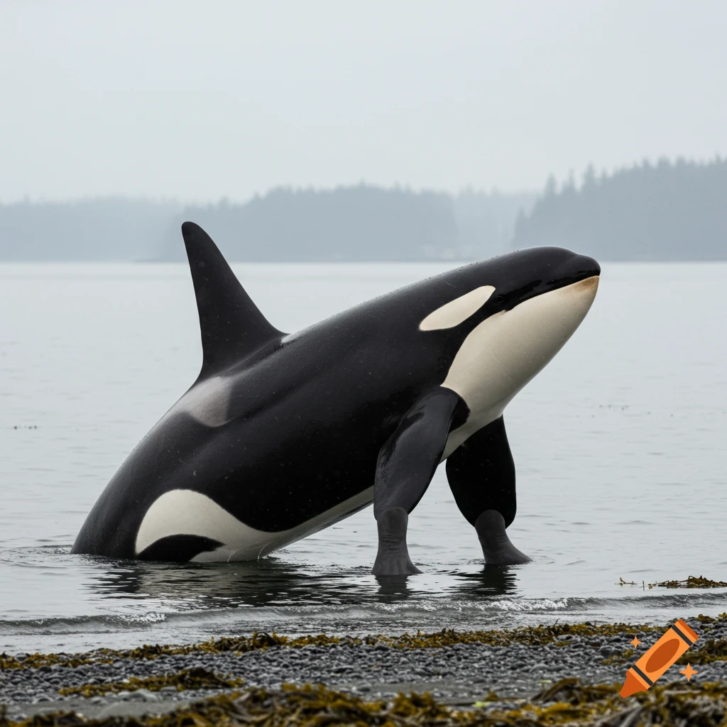 A photorealistic orca with legs stands upright in shallow water near a rocky, seaweed-covered shore on a misty day.
