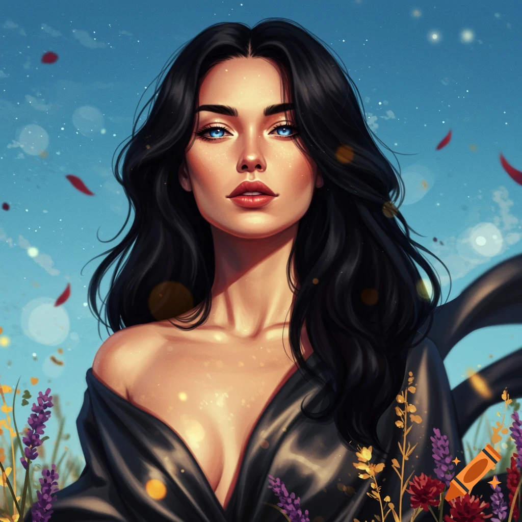A digital illustration of a beautiful woman with long dark hair and blue eyes, wearing an off-shoulder dark dress against a blue sky with flowers.