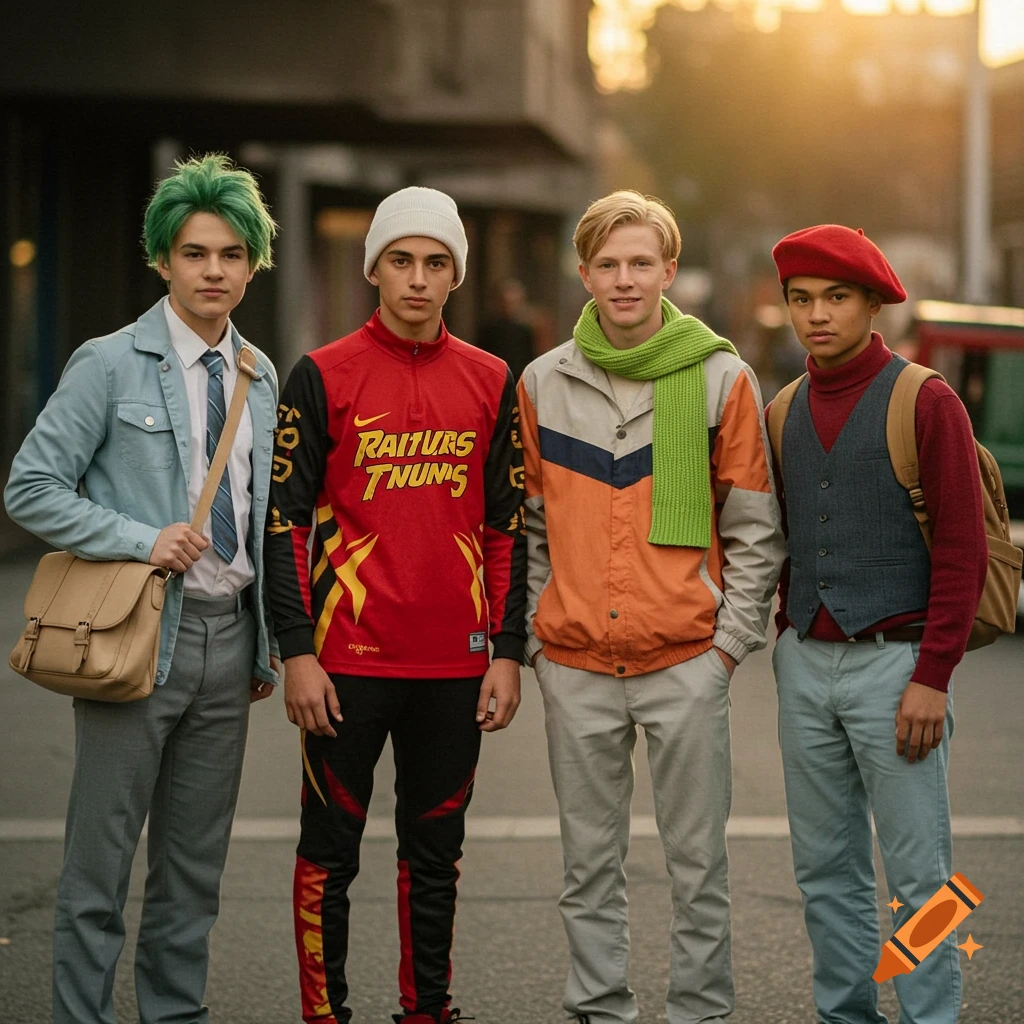 Four diverse teenage boys wearing different colorful outfits and accessories stand together on a street.