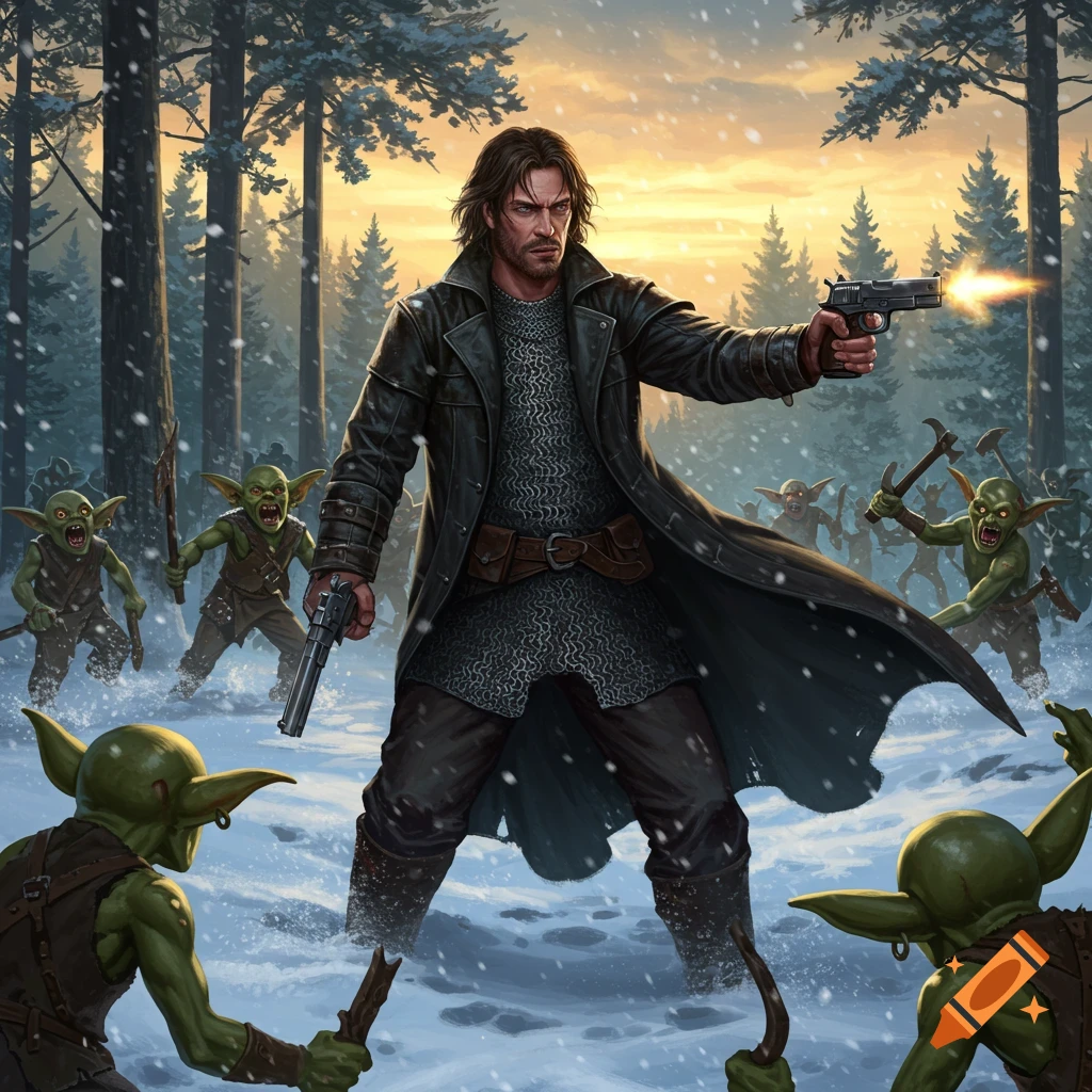 A man in a leather coat and chainmail shoots at goblins in a snowy forest at sunset, in a fantasy art style.
