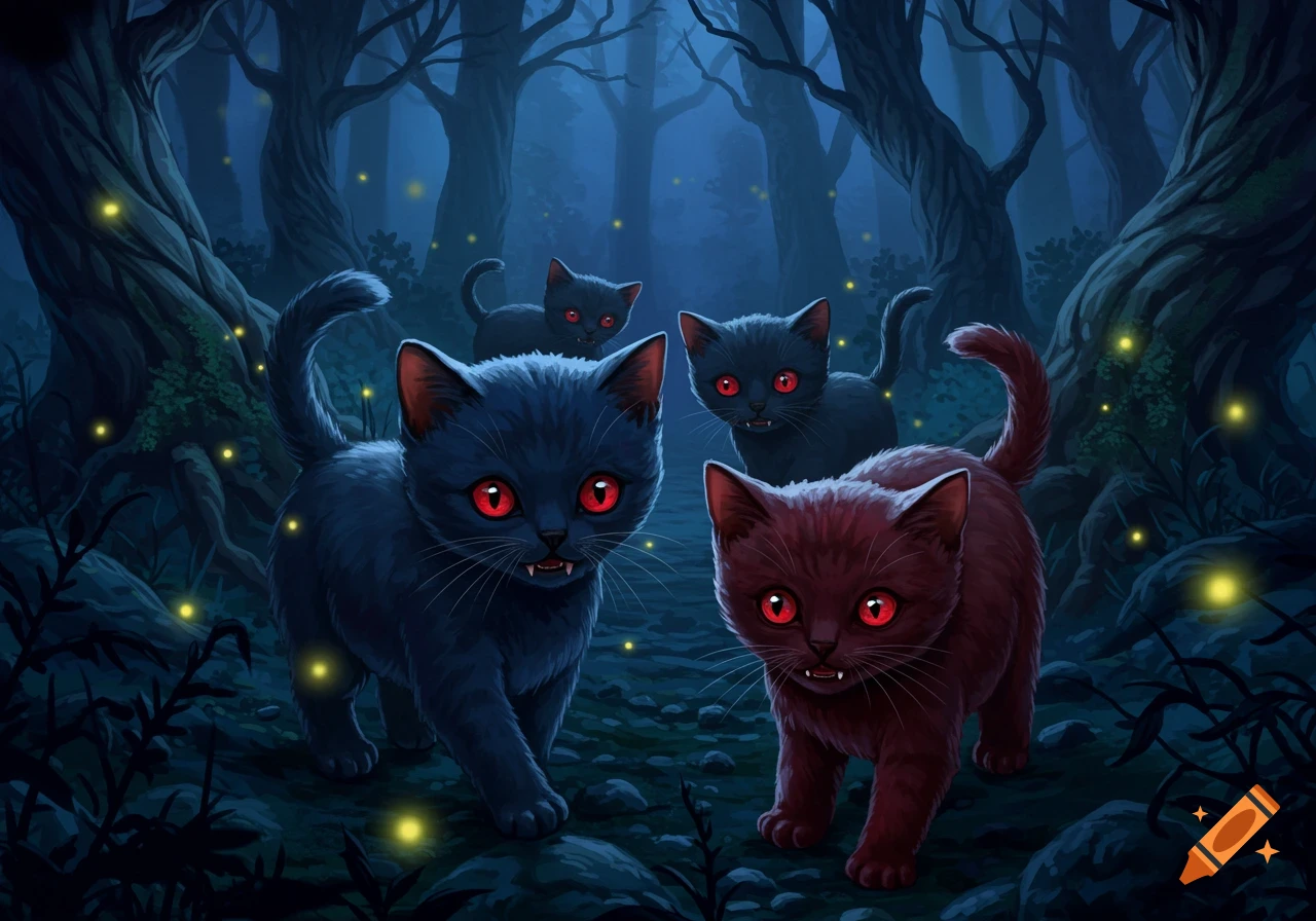 Four vampire kittens with glowing red eyes in a dark, mystical forest with fireflies.