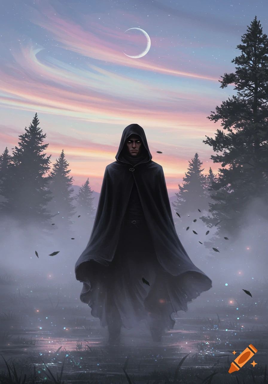 A mysterious figure in a black hooded cloak stands in a misty forest at dusk under a crescent moon. Glowing particles float in the air.