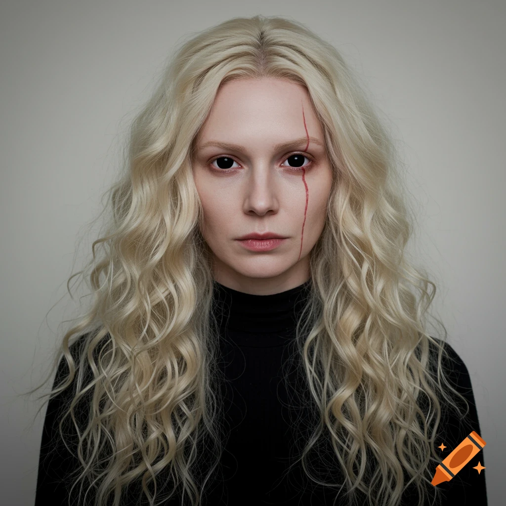 Photorealistic portrait of a pale woman with long curly blonde hair, black eyes, and a red mark down her cheek, wearing a black turtleneck.