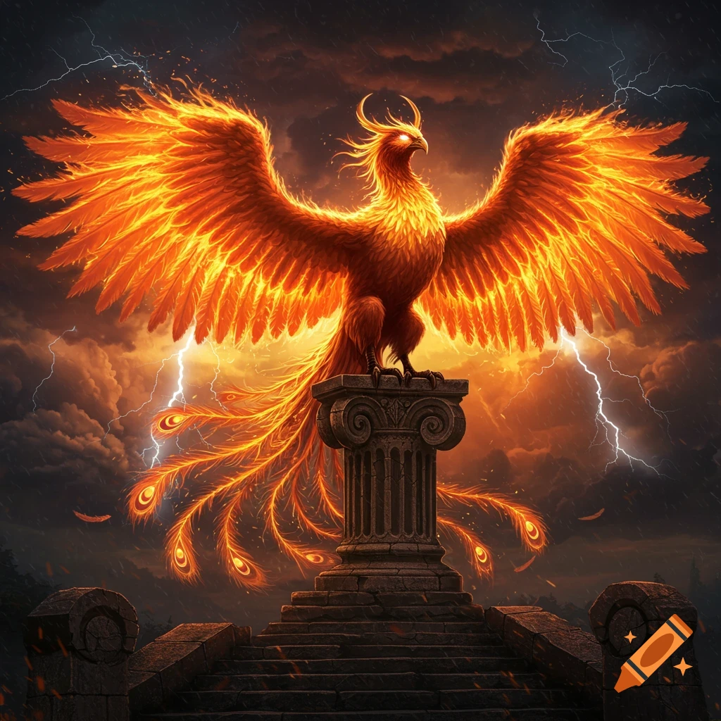 A majestic phoenix with glowing eyes and fiery wings perches on a stone pedestal as lightning flashes in a dramatic, stormy sky.