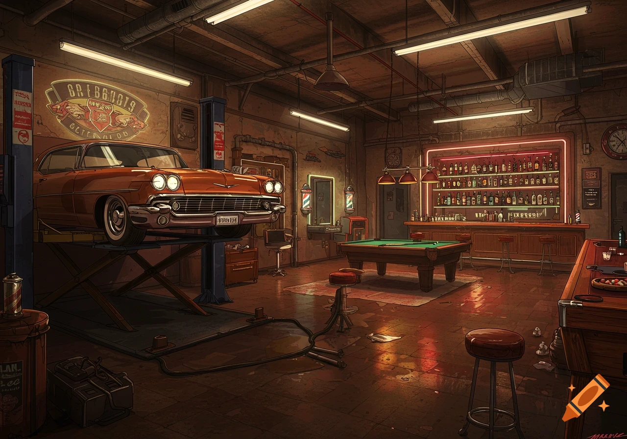 An intricate, stylized illustration of a garage auto shop combined with a classic bar and pool table, featuring a vintage orange car on a hydraulic lift.