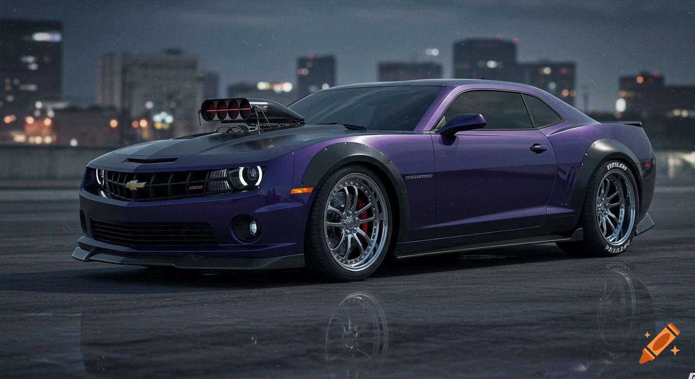 A custom purple 2010 Chevrolet Camaro SS with a black hood, carbon fiber fenders, a prominent hood scoop, and chrome wheels, parked on a wet surface with a city skyline in the background at dusk.