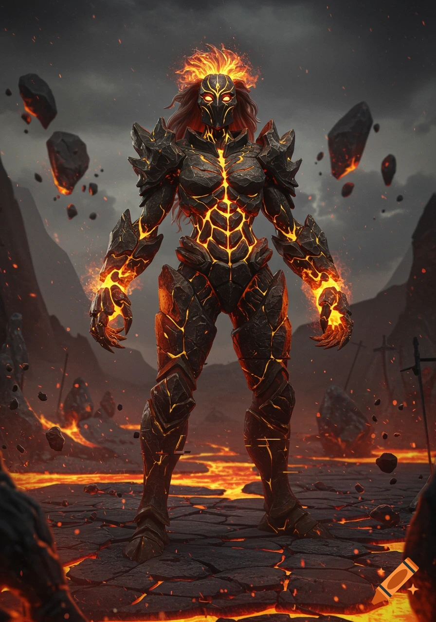 A formidable humanoid warrior in glowing obsidian armor stands on a lava-strewn battlefield with floating rocks under a stormy sky.