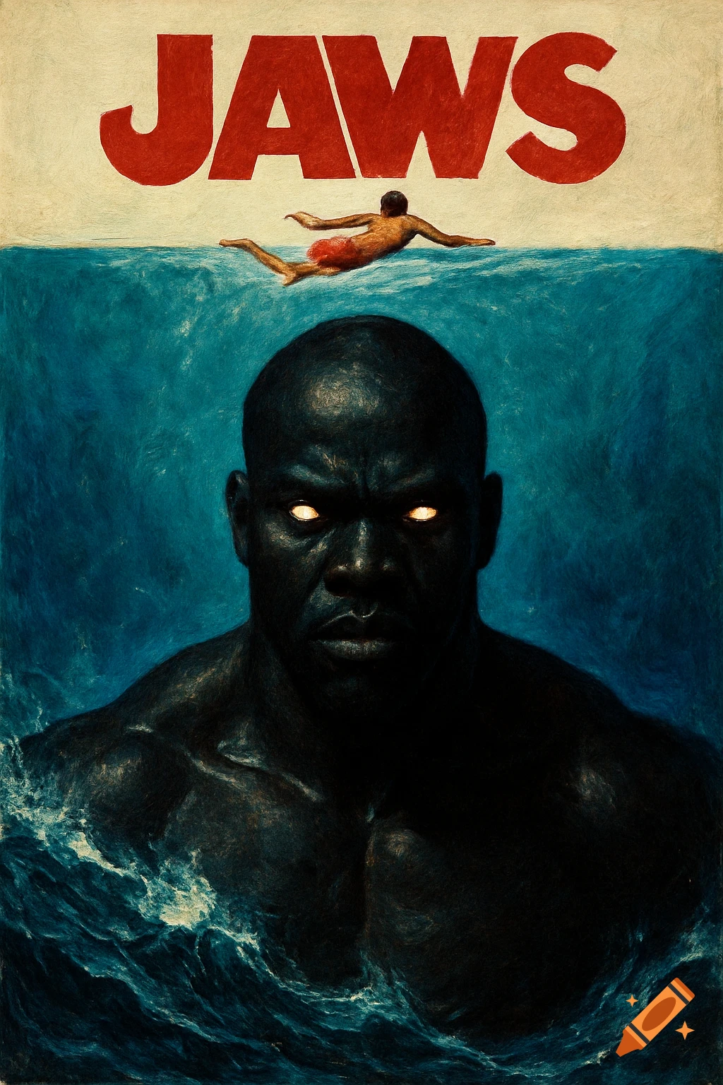 A dramatic Jaws-style movie poster reinterpretation with a dark-skinned man with glowing eyes emerging from water below a swimmer.