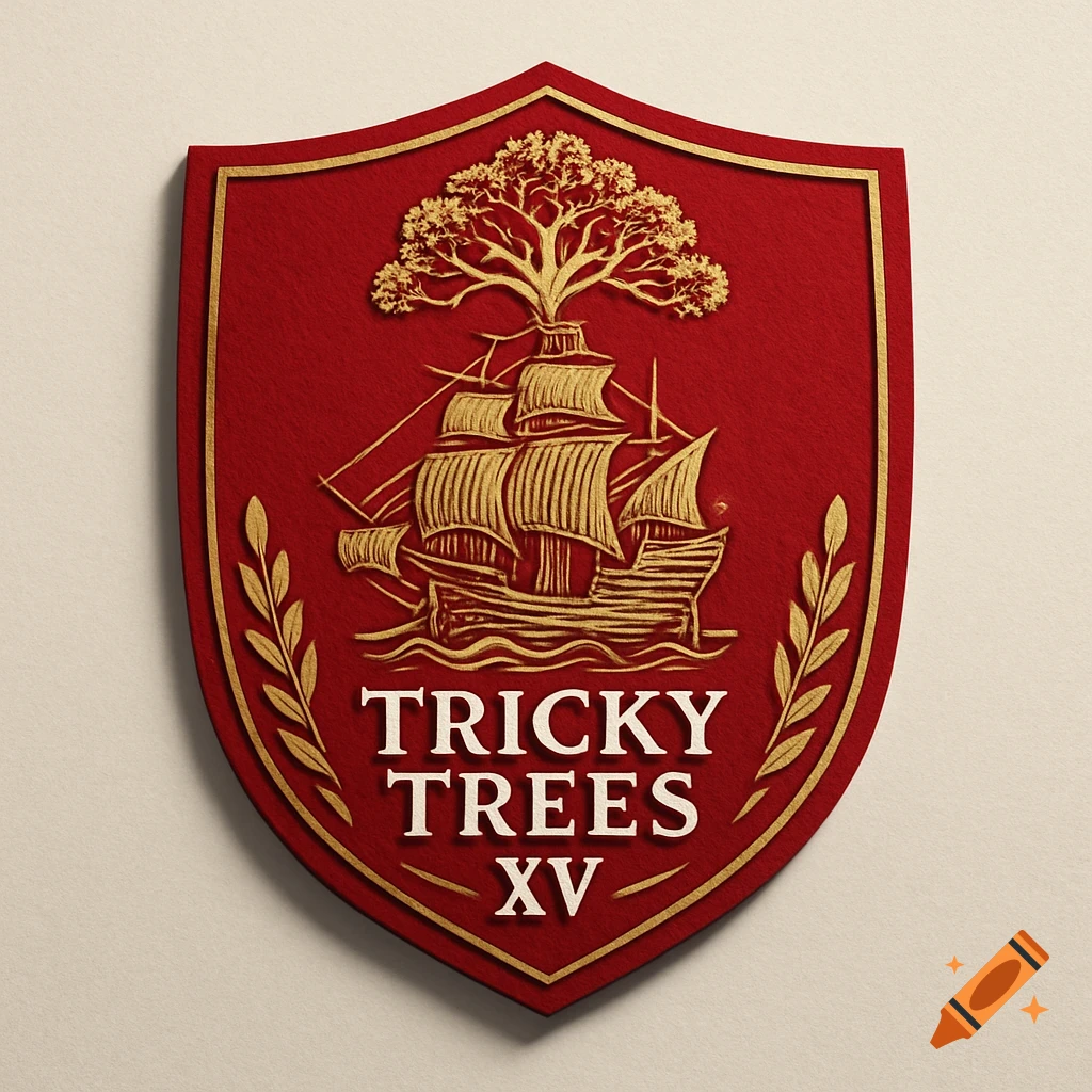 A red and gold embossed shield badge featuring a golden tree, a golden warship, and the text 'TRICKY TREES XV'.