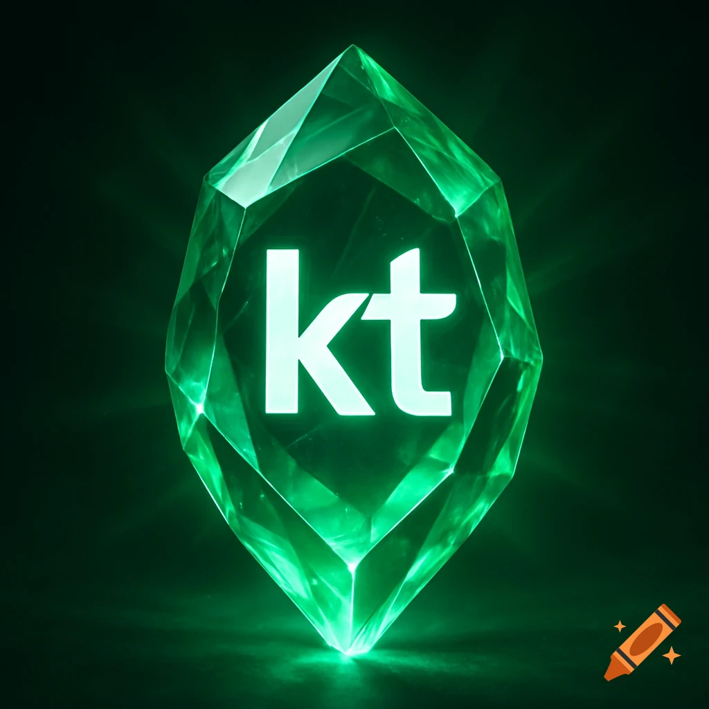 A glowing green faceted crystal with the white 'kt' logo illuminated on its surface, against a dark background.