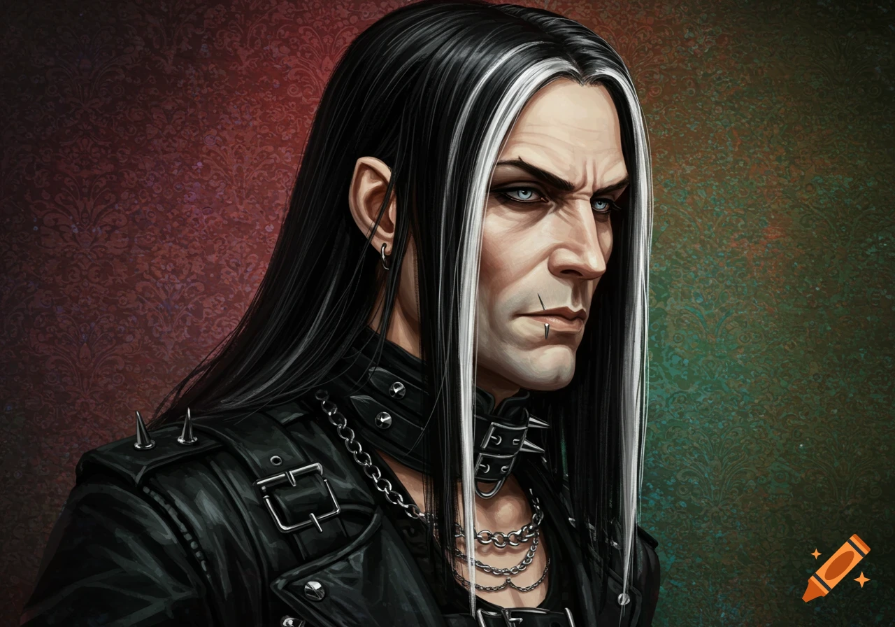 A handsome gothic man with long black hair and white streaks, wearing a leather jacket with chains and spikes, against a patterned background.