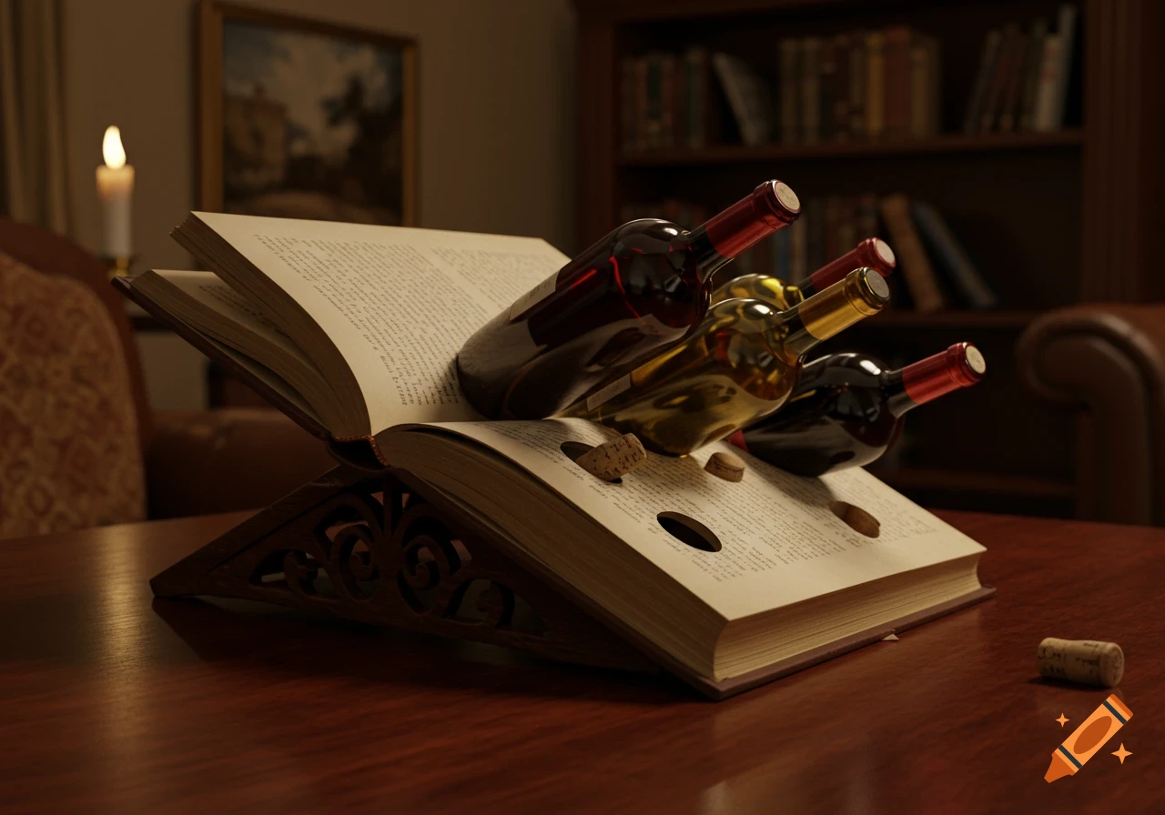 Three wine bottles, two red and one gold, rest on an open book on a wooden stand. A lit candle and bookcase are in the background.