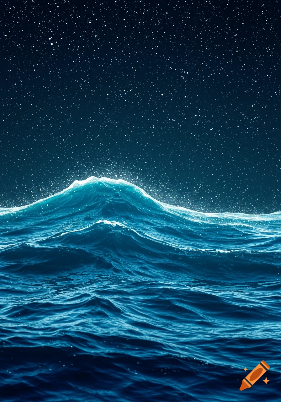 A large blue ocean wave crashes under a dark, starry night sky, with glowing white foam and sea spray.
