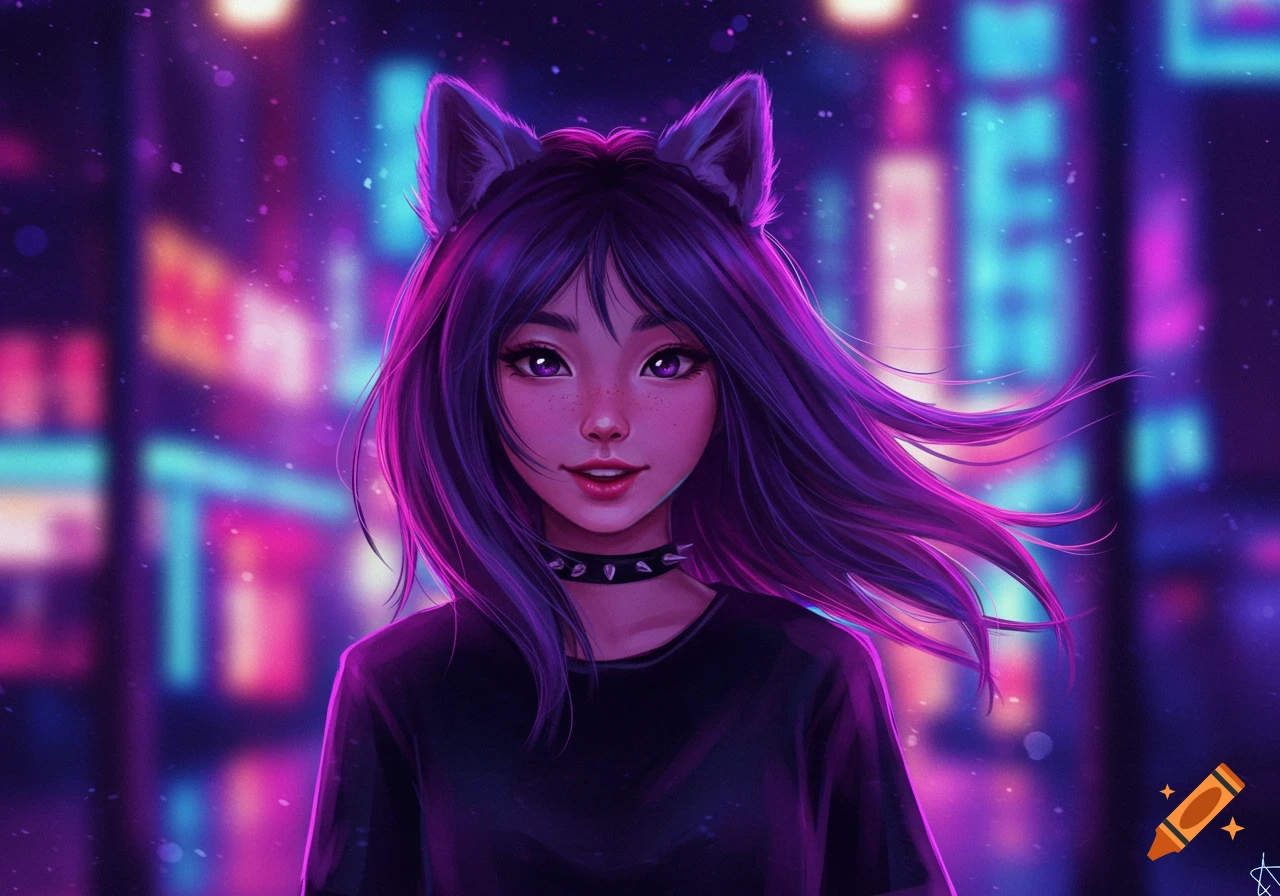 A stylized digital art portrait of a young Asian woman with purple hair and cat ears, smiling against a blurry neon city background.